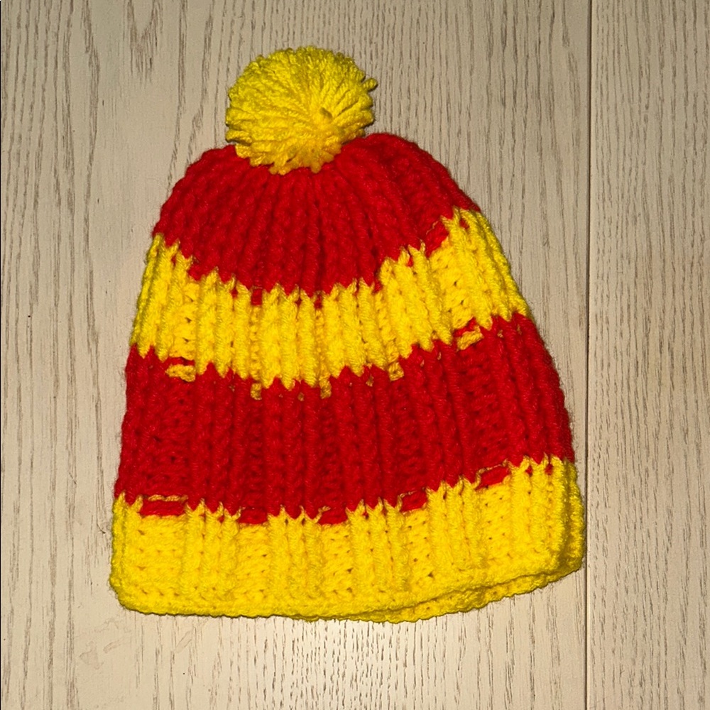 Red and Yellow Crocheted Beanie